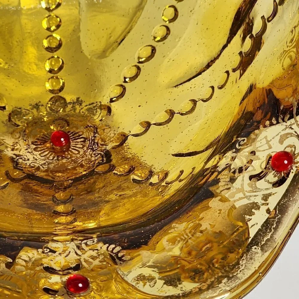Depression Yellow Glass Circle Dot Design Red Jewels Gold Gilting Mid Century